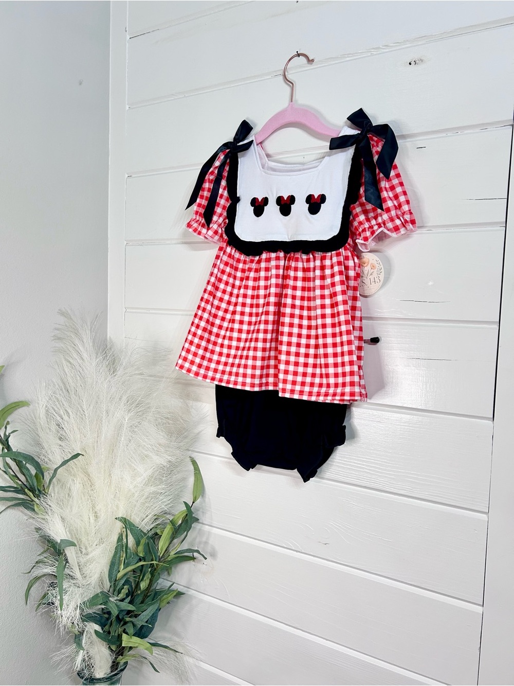 Girls Minnie Mouse Red Gingham bloomer Set with Black Bow Details